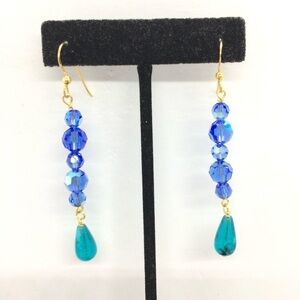 UPCYCLED HANDMADE EARRINGS SWAROVSKI CRYSTAL PLASTIC VINTAGE LONG DANGLE VERMEIL